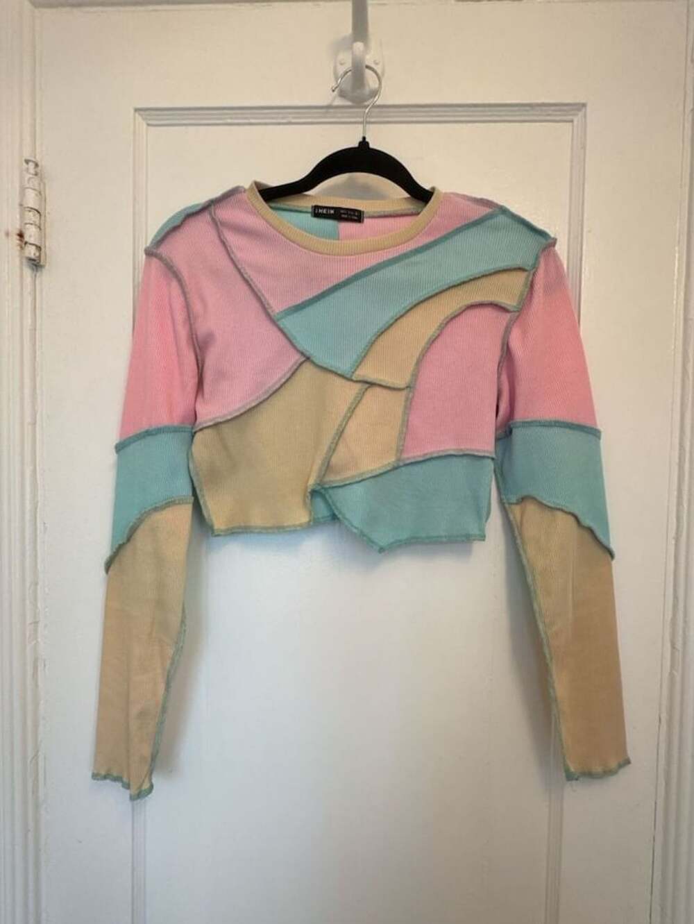 Shein Patchwork Crop Top Size S Long Sleeve Exposed Seam Patchwork Pastel Streer